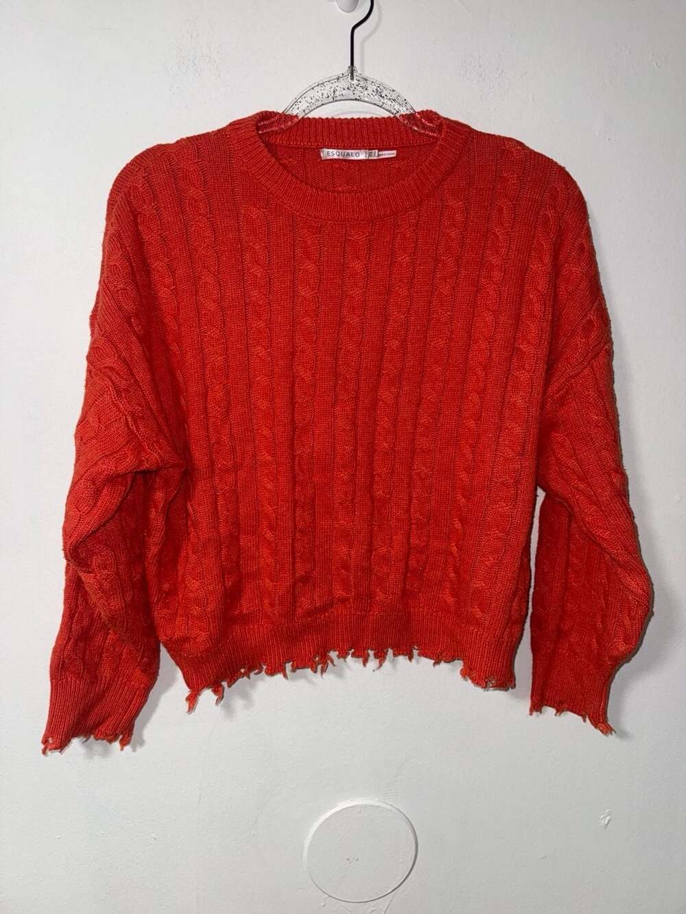ESQUALO Red Cable Knit Sweater with Frayed Hem Size S